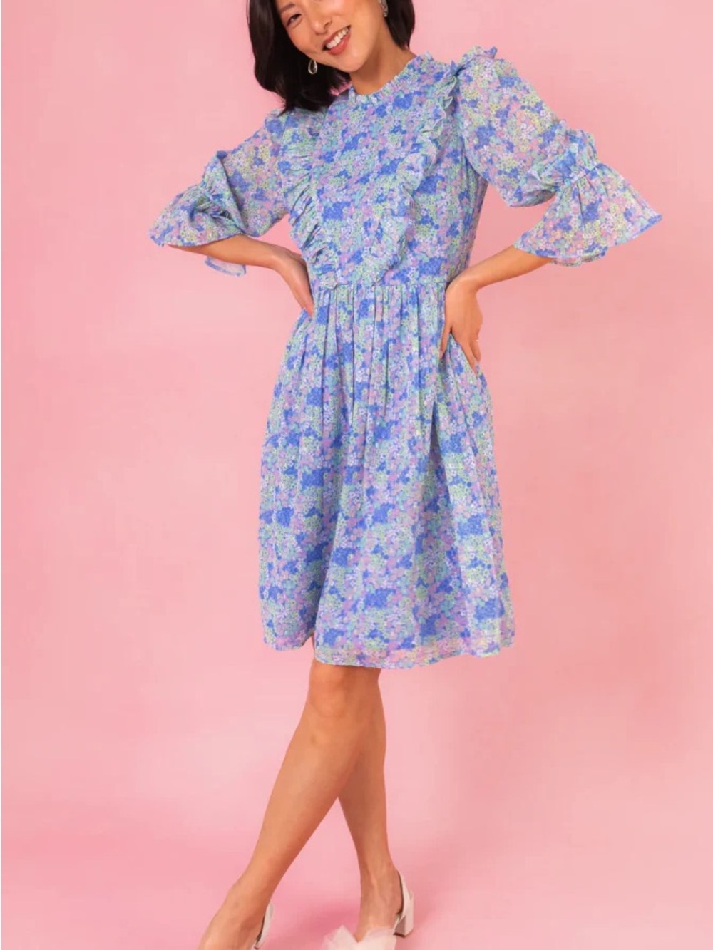 Ivy City Co Monet Blue Ditsy Floral Ruffle Mini Dress 2 Cottagecore Coquette
